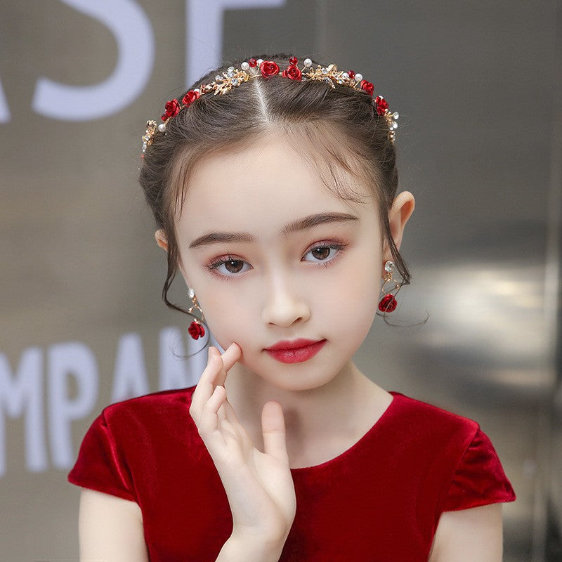 Red Hair Pin Flower Hair Clips Earrings Set Women Headdress