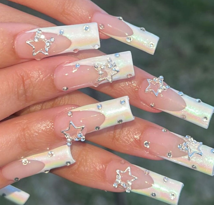 Wear Armor Long French Five-pointed Star Flash Diamond Nail Stickers Nail Tip