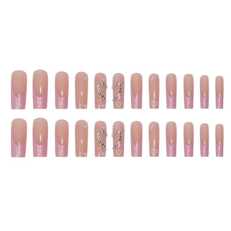 Long Water Pipe Nail French Glitter Love Diamond Wear Manicure