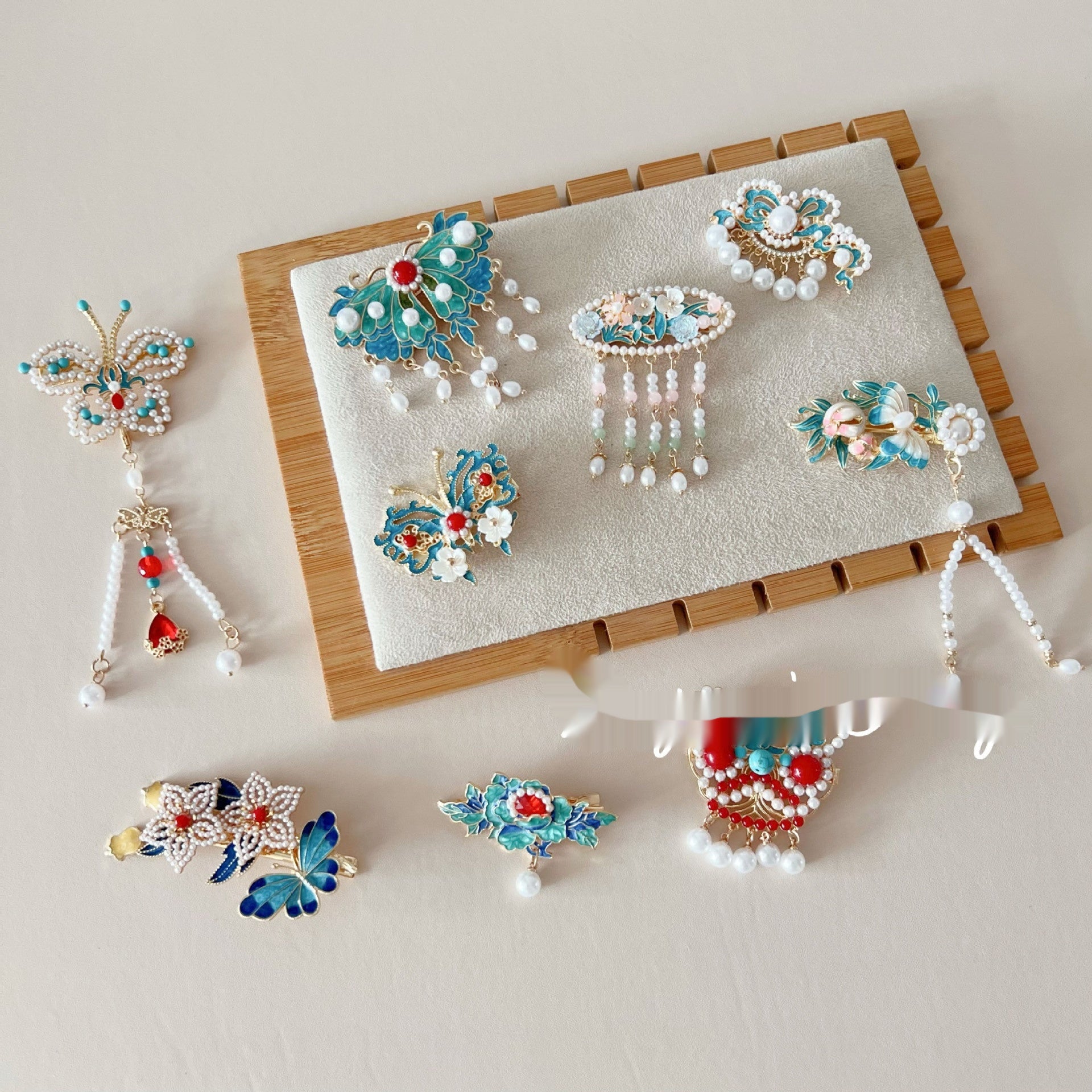 Antique Burning Blue Auspicious Cloud Pearl Butterfly Barrettes Fringed Headwear