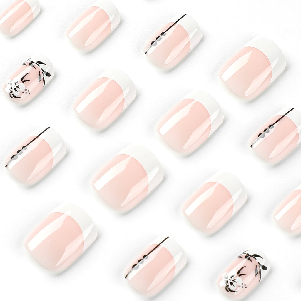 French Flower Black Leaf Short Manicure Wear Nail Tip