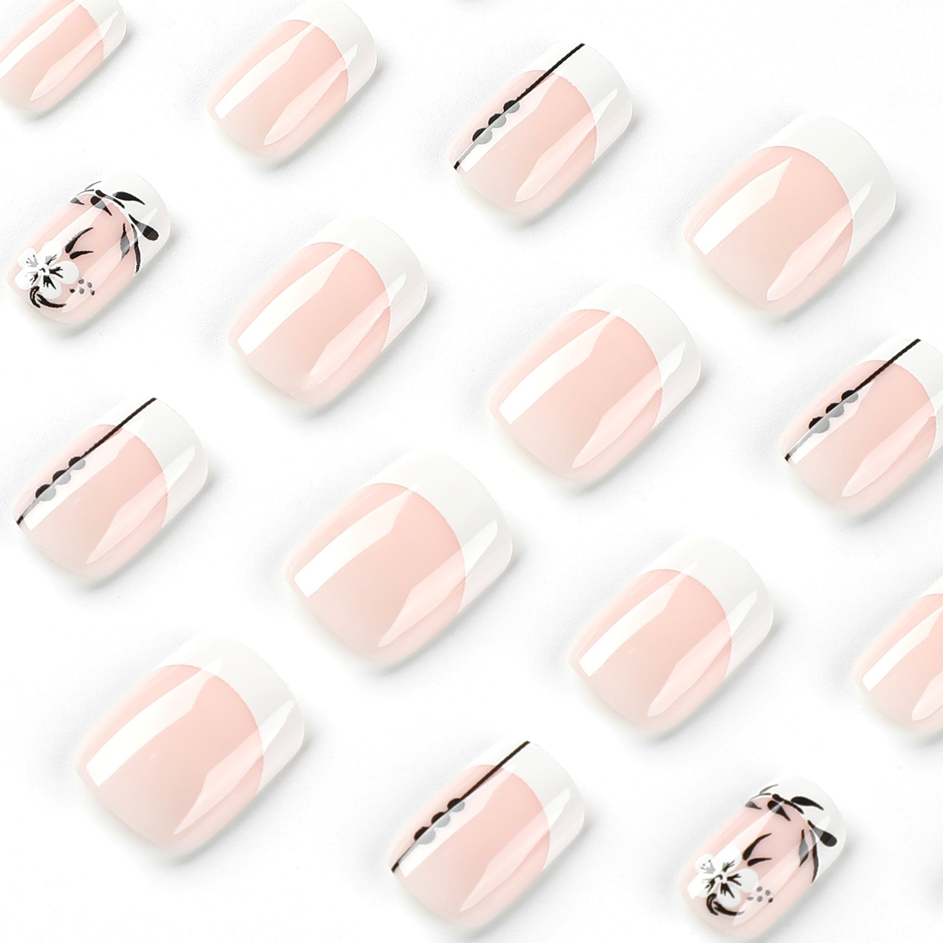 French Flower Black Leaf Short Manicure Wear Nail Tip