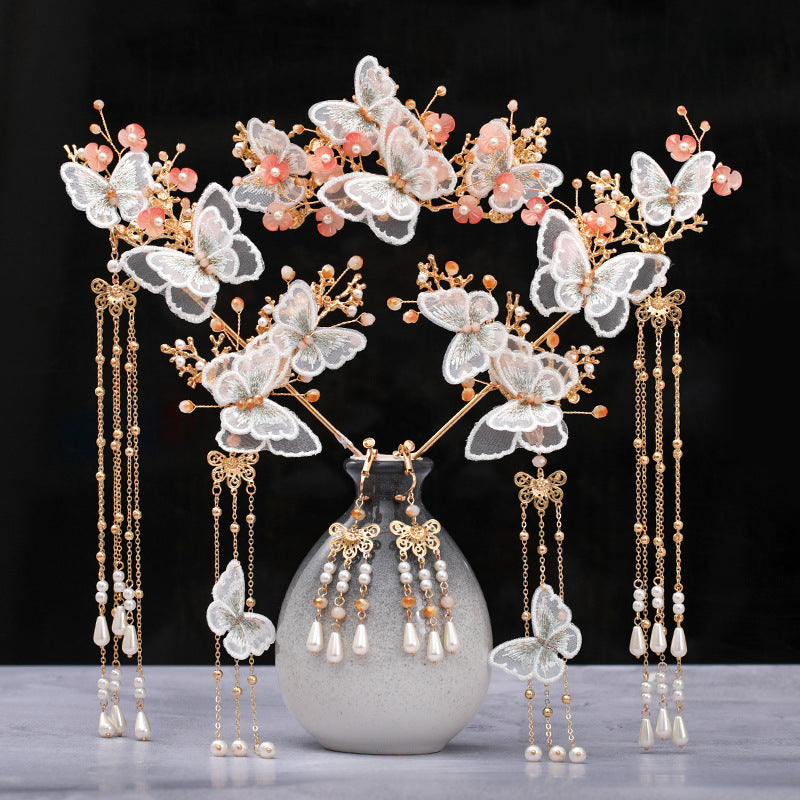 Ancient Style Super Fairy Crown Butterfly Hair Comb Fringed Step Shaking Hairpin Full Set Of Hair Accessories