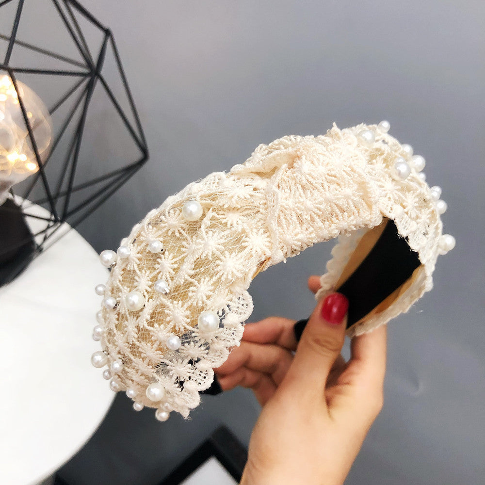 Ladies Buckle Pearl Lace Knotted Headband