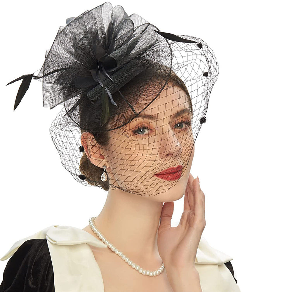 Feather Bride Hair Ornament Mesh Hat Combination Hairpin