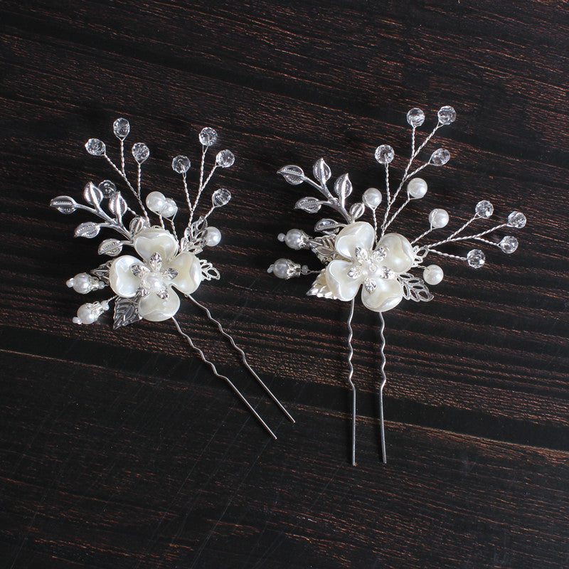 Korean Style Bridal Headdress Pearl Flower Leaf Fork