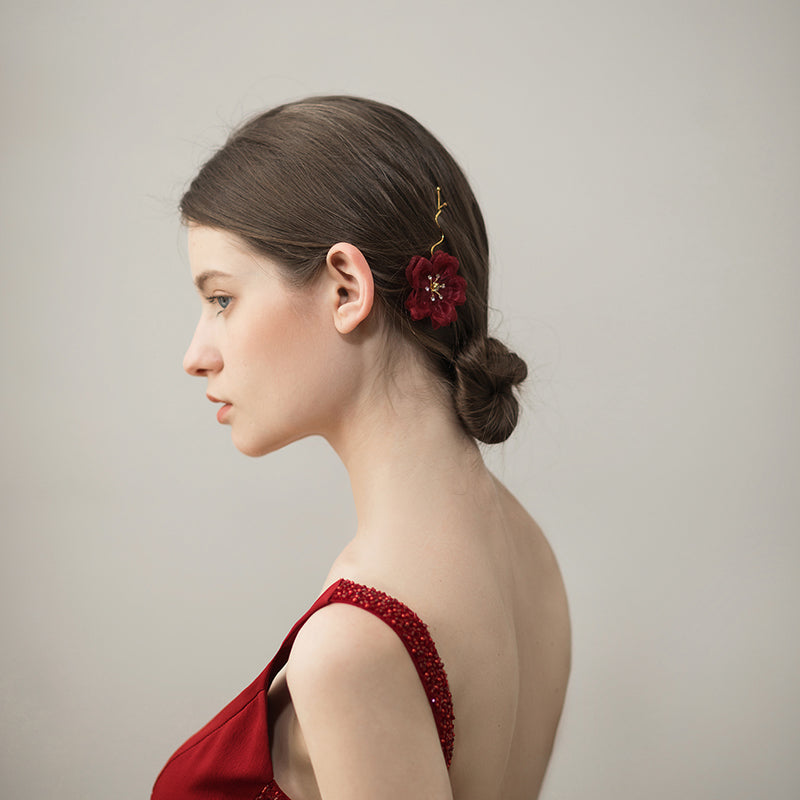 Shiny Diamond Heart Gauze Flower Bridal Hairpin
