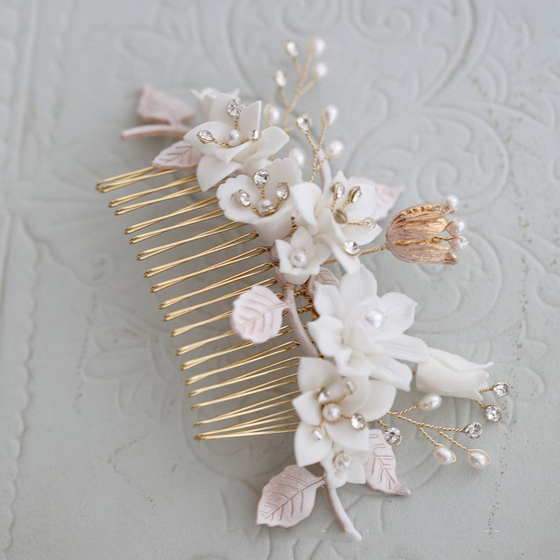 Ceramic Flower White Complex Rhinestone Hair Comb