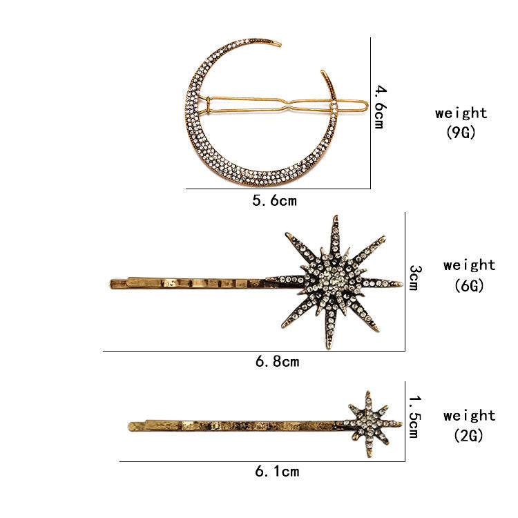 Retro Geometric Diamond Moon Snowflake Star Hairpin Set Word Clip
