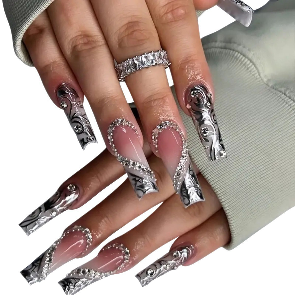 Diamond Long Square Black French Manicure Three-dimensional Love Diamond In The Debris Wear Nail