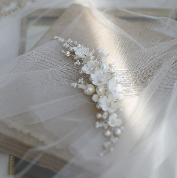 White Ceramic Flower Bridal Hair Comb Shell
