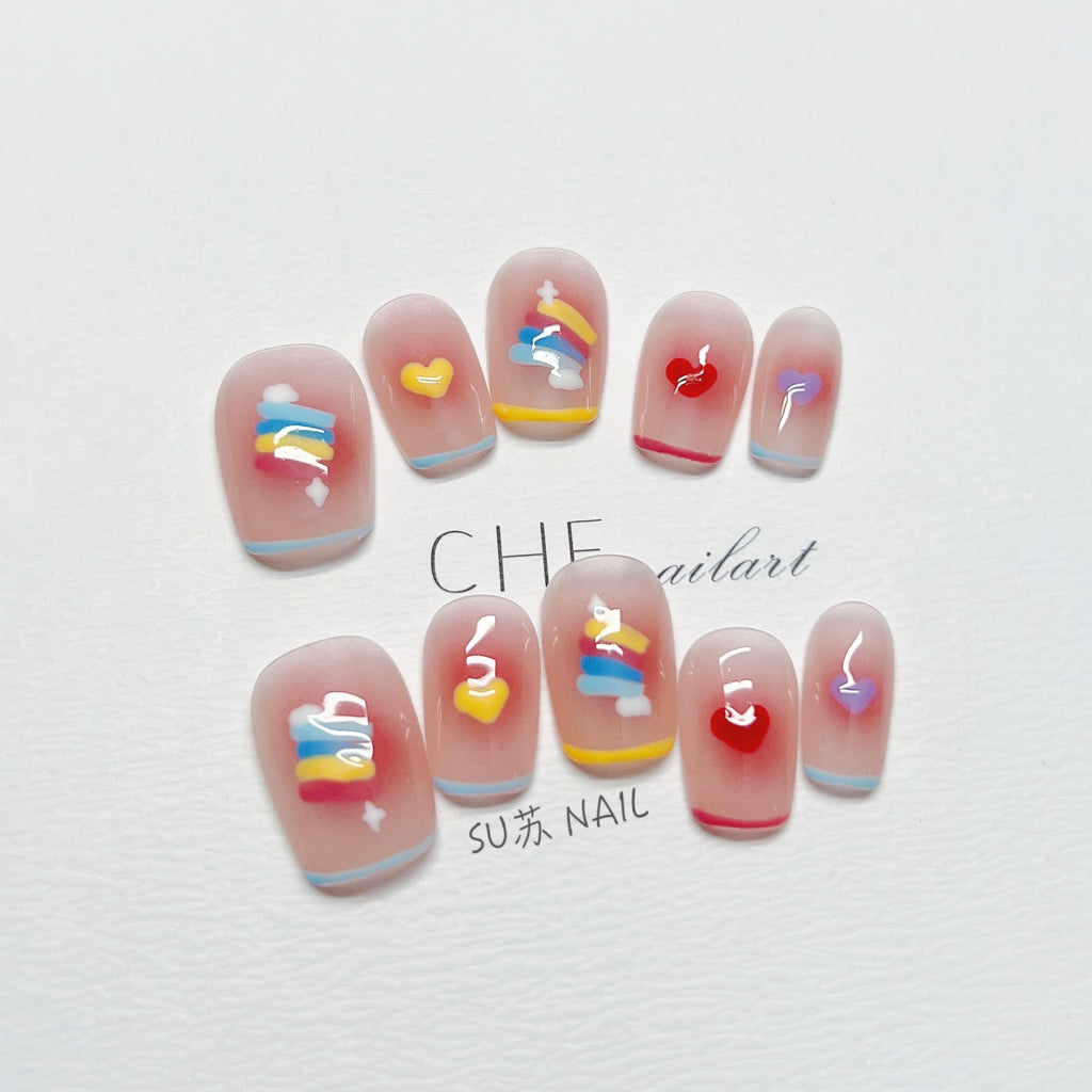 Su Chenailart Handmade Custom Wear Nail Rainbow Candy