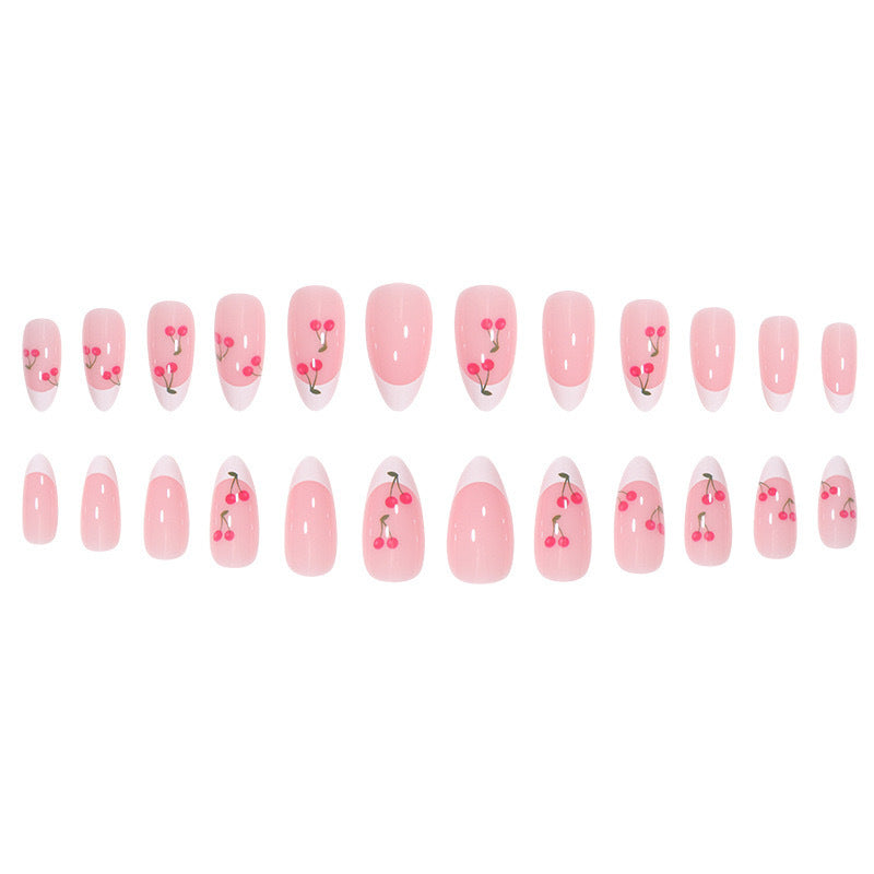 Cherry French Almond-Shape Removable Nail Tips Set Long Lasting Delicate And Girly Style