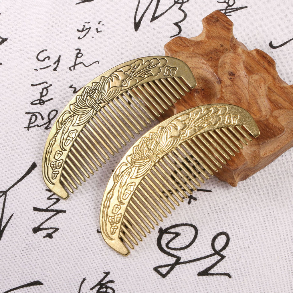 Retro Anti-static Lotus Carved Brass Comb