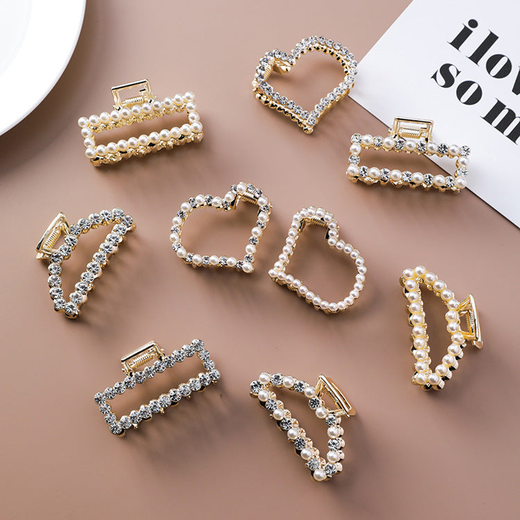 Geometric Square Love Curved Pearl Rhinestone Hair Clip
