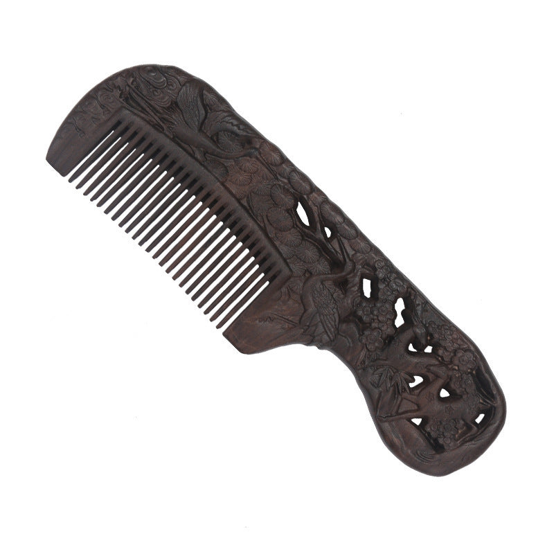 Wooden Ebony With Handle 180 Double-sided Carved Comb