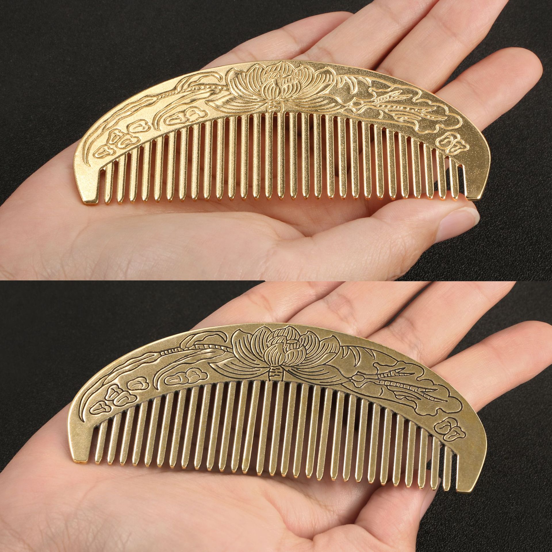 Retro Anti-static Lotus Carved Brass Comb