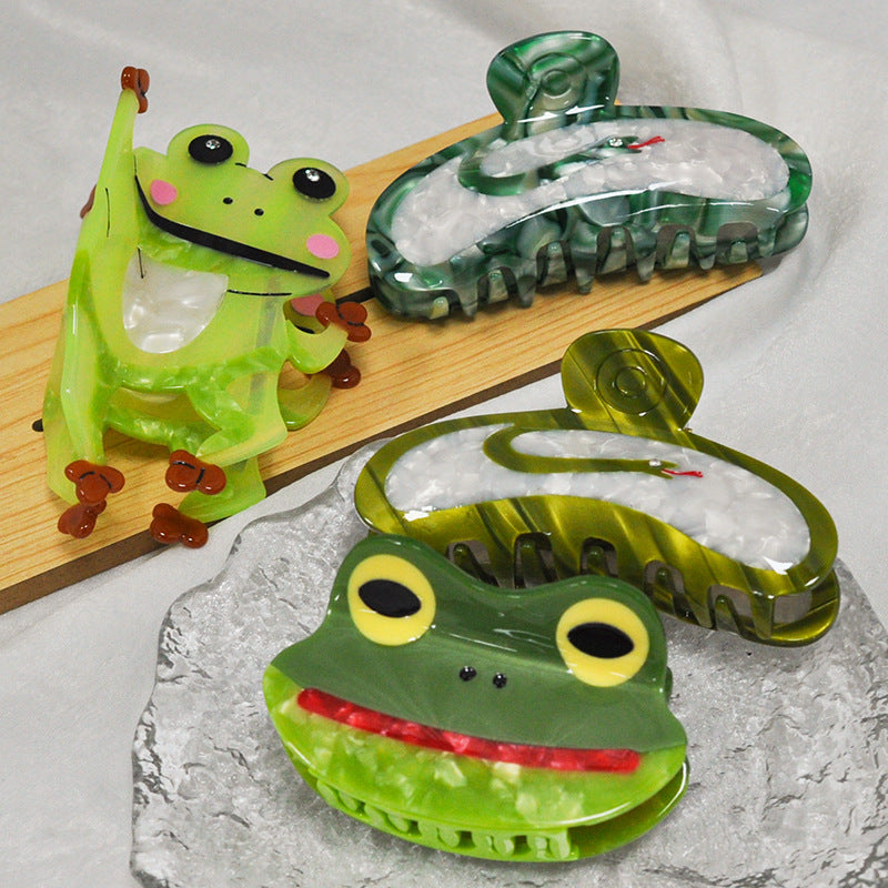 Large Size Funny And Cute Frog With Coiled Hair And Snake Claw Clip