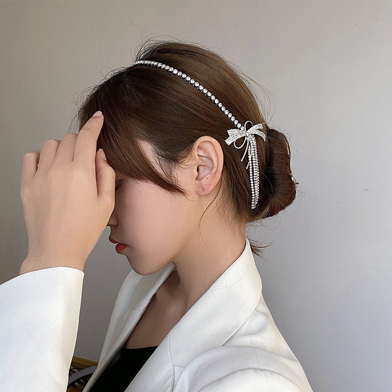 European And American Exaggerated Design Sense Diamond Bow Tassel Headband