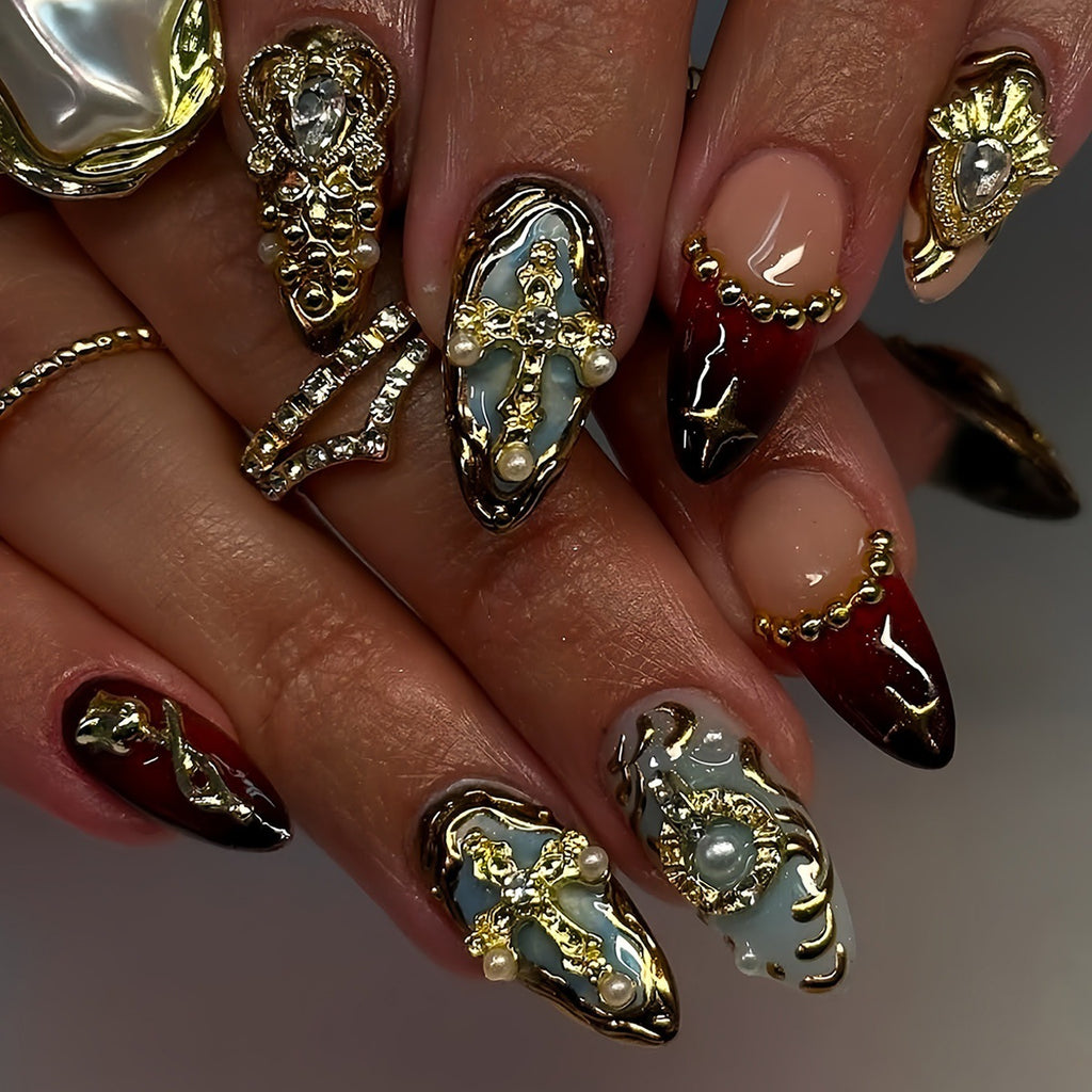 Best-selling Wine Red Gold Edge Wear Nail Patch Almond
