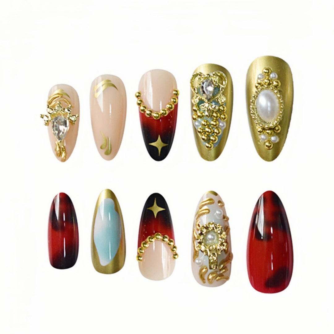 Best-selling Wine Red Gold Edge Wear Nail Patch Almond
