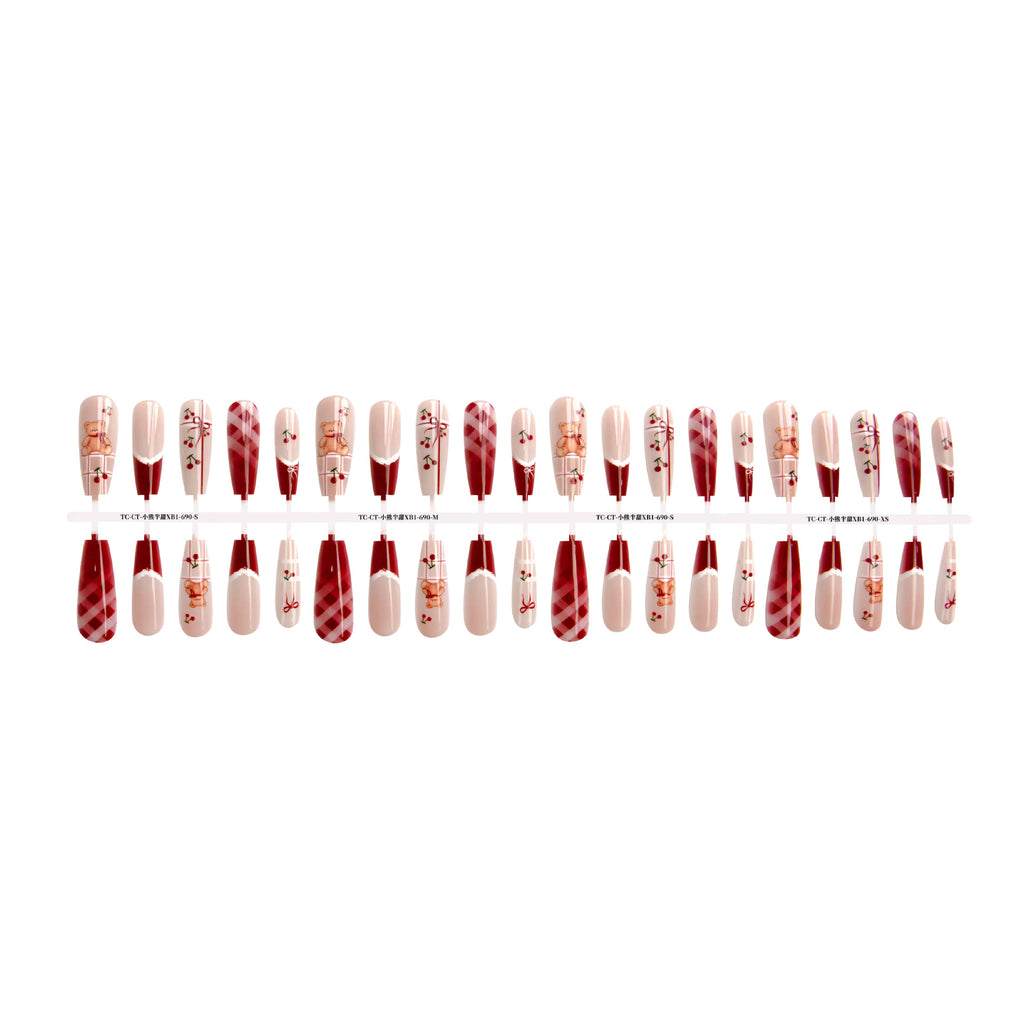 Press On Nails Semi-finished Product Wearing Nail Two-dimensional Cartoon Bear New Year Red Series Prefabricated Wearing Nail
