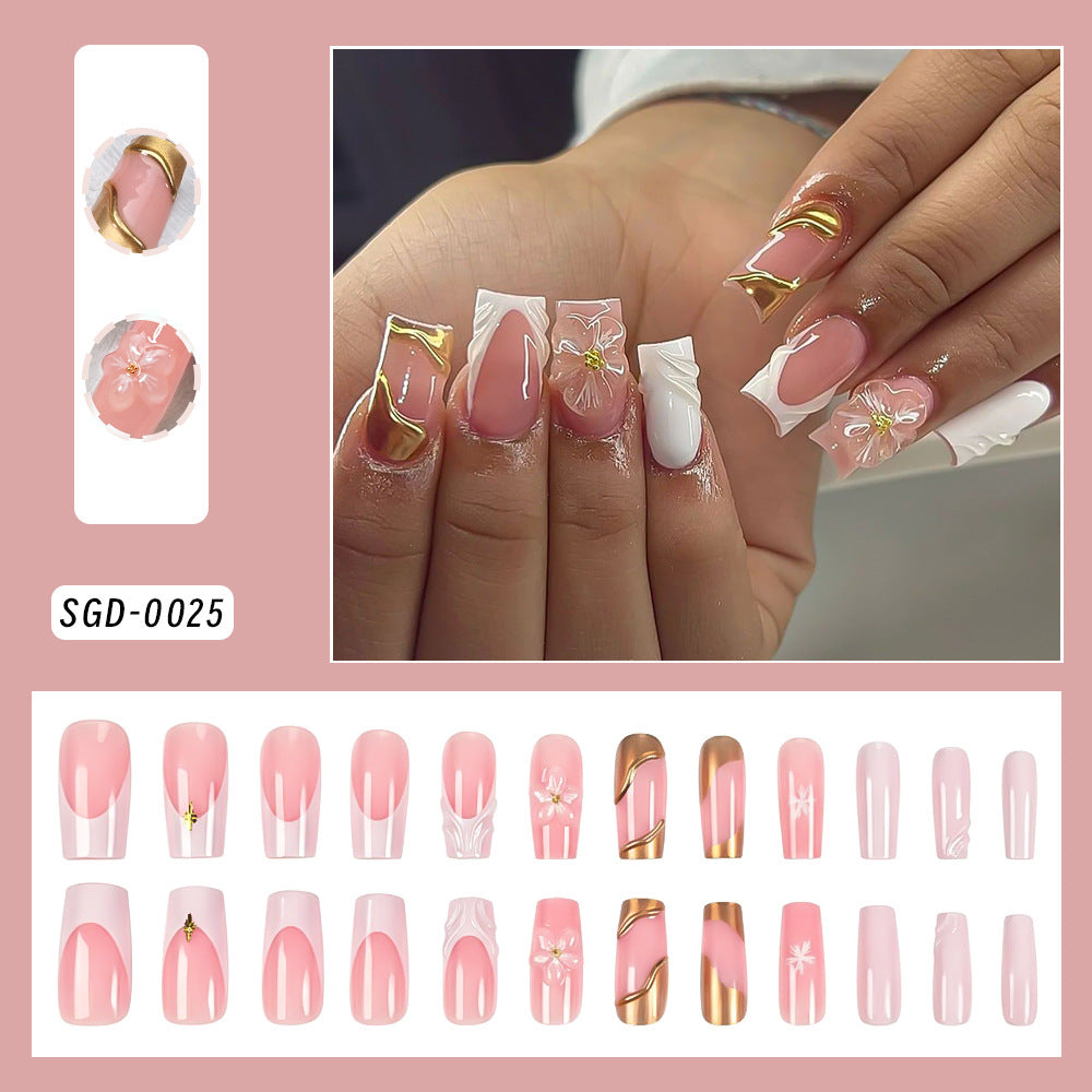 24-piece 3D Floral Gold-trimmed Plaid Artificial Nail Tips For Wearable Nails