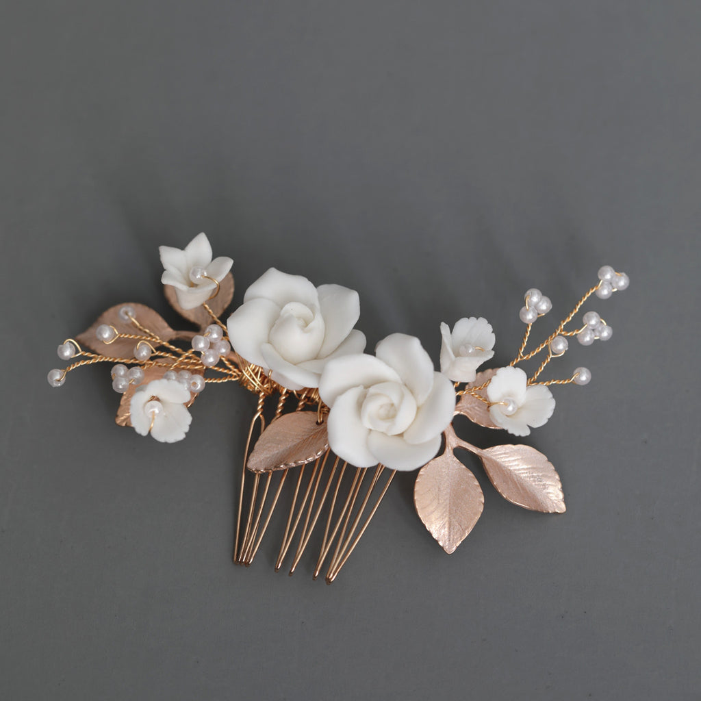 Design Ceramic White Flower Hair Comb Earrings