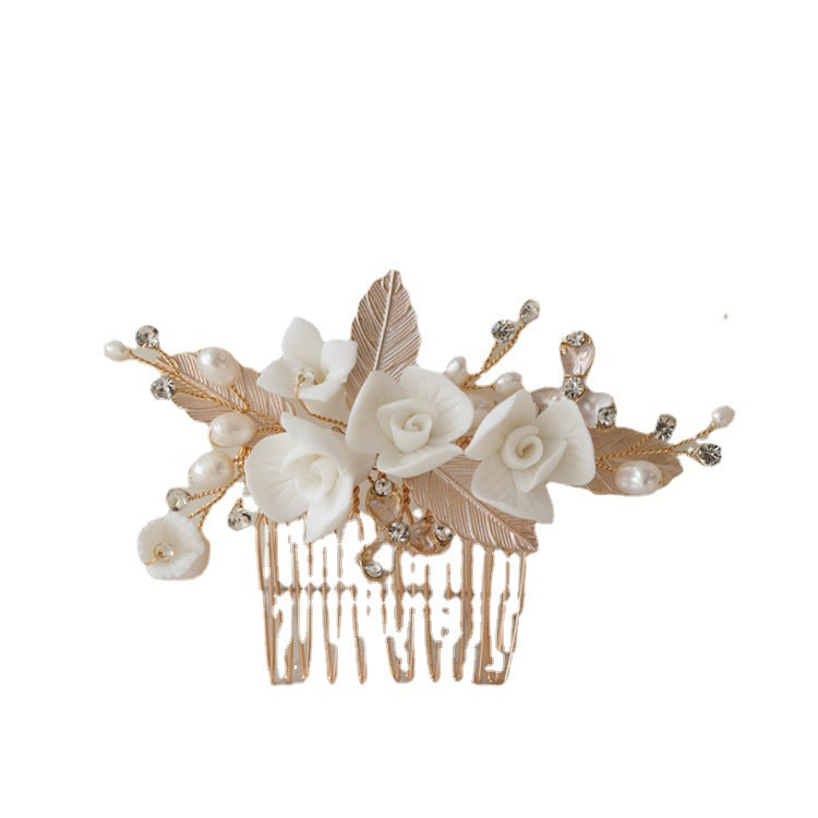 Ceramic Flower Freshwater Pearl Metal Hair Comb Bridal Headpiece