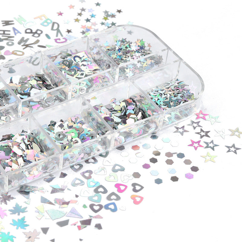 New 12-grid Boxed Mixed Color Nail Sequins Laser Maple Leaf Stars Heart DIY Ornament