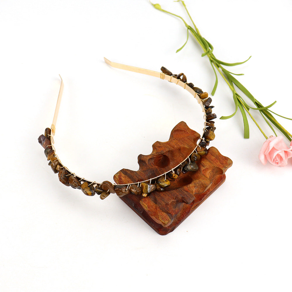 Winding Golden Double Row Natural Crystal Gravel Headband
