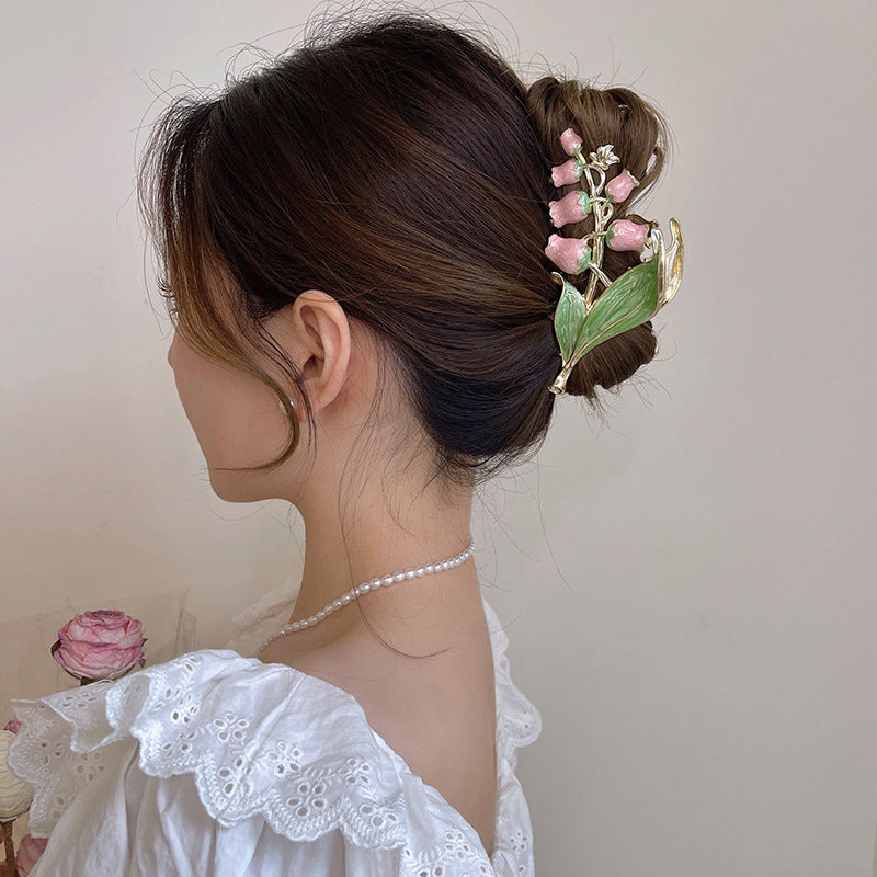 Women's Lily Of The Valley Hair Clip Large Size At The Back Of Head