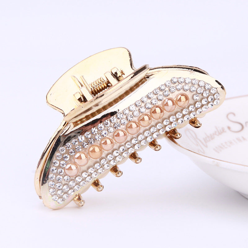 Simple Electroplated Pearl Rhinestone Moon Clip Ingot Claw Medium Plastic Grip