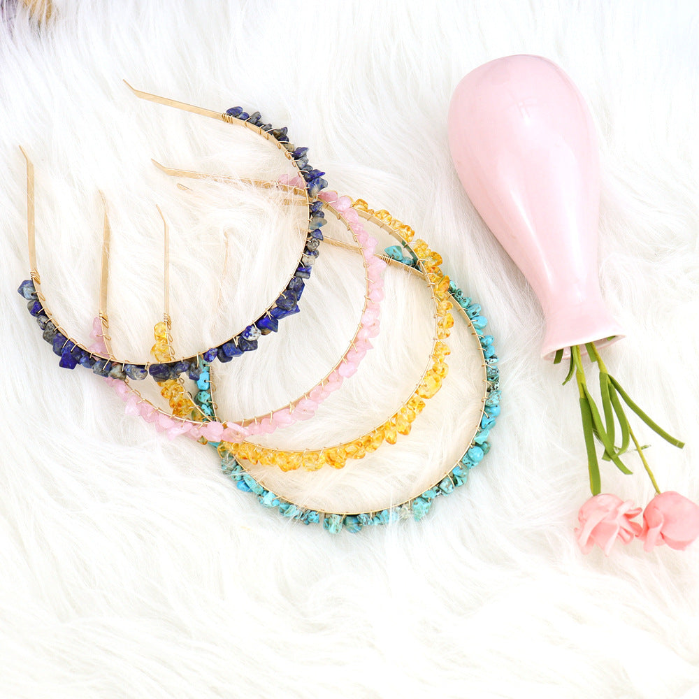 Winding Golden Double Row Natural Crystal Gravel Headband