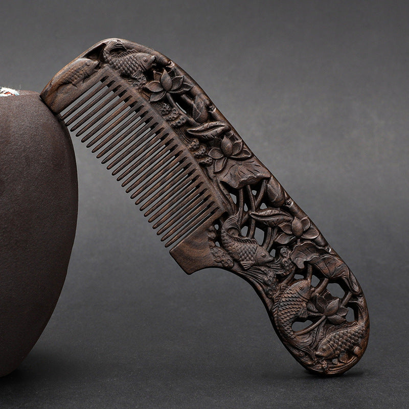 Wooden Ebony With Handle 180 Double-sided Carved Comb