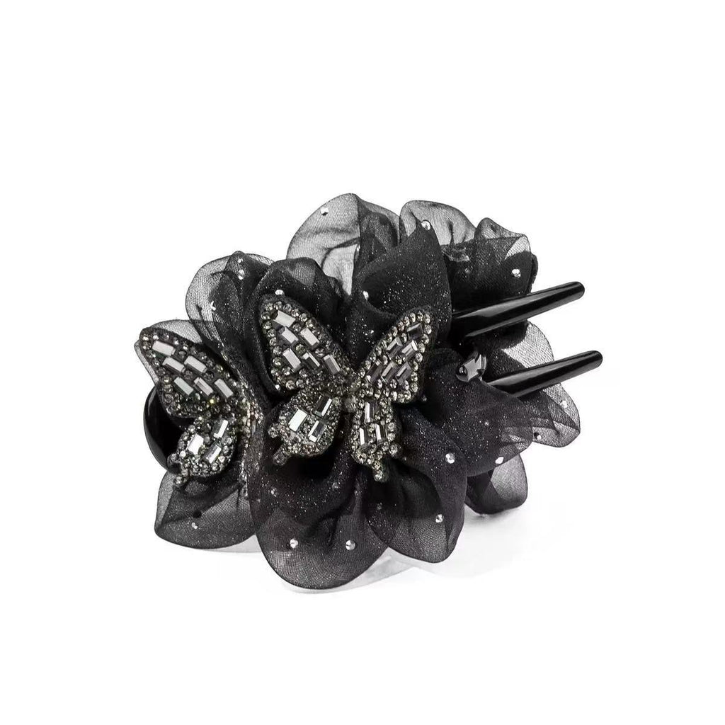 Double Butterfly Black Veil Bun Grip