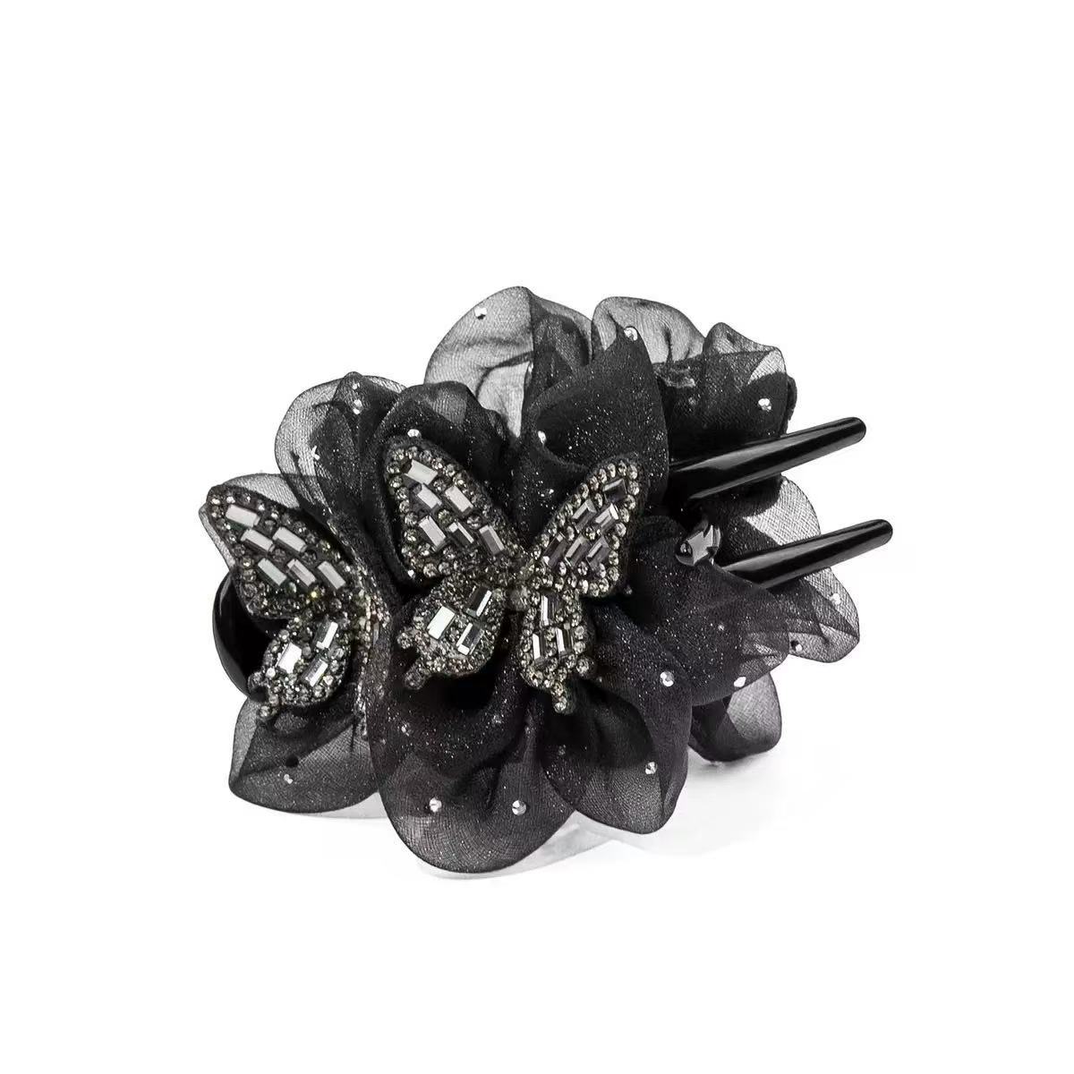 Double Butterfly Black Veil Bun Grip