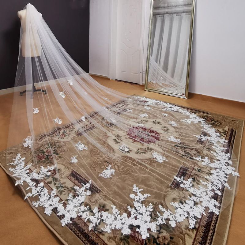 Bridal Wedding Veil Long Cathedral With Comb Embroidery Applique