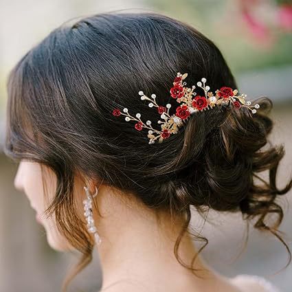 Bridal Red Flower Hair Comb Wedding Accessories