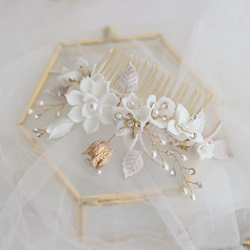 Ceramic Flower White Complex Rhinestone Hair Comb