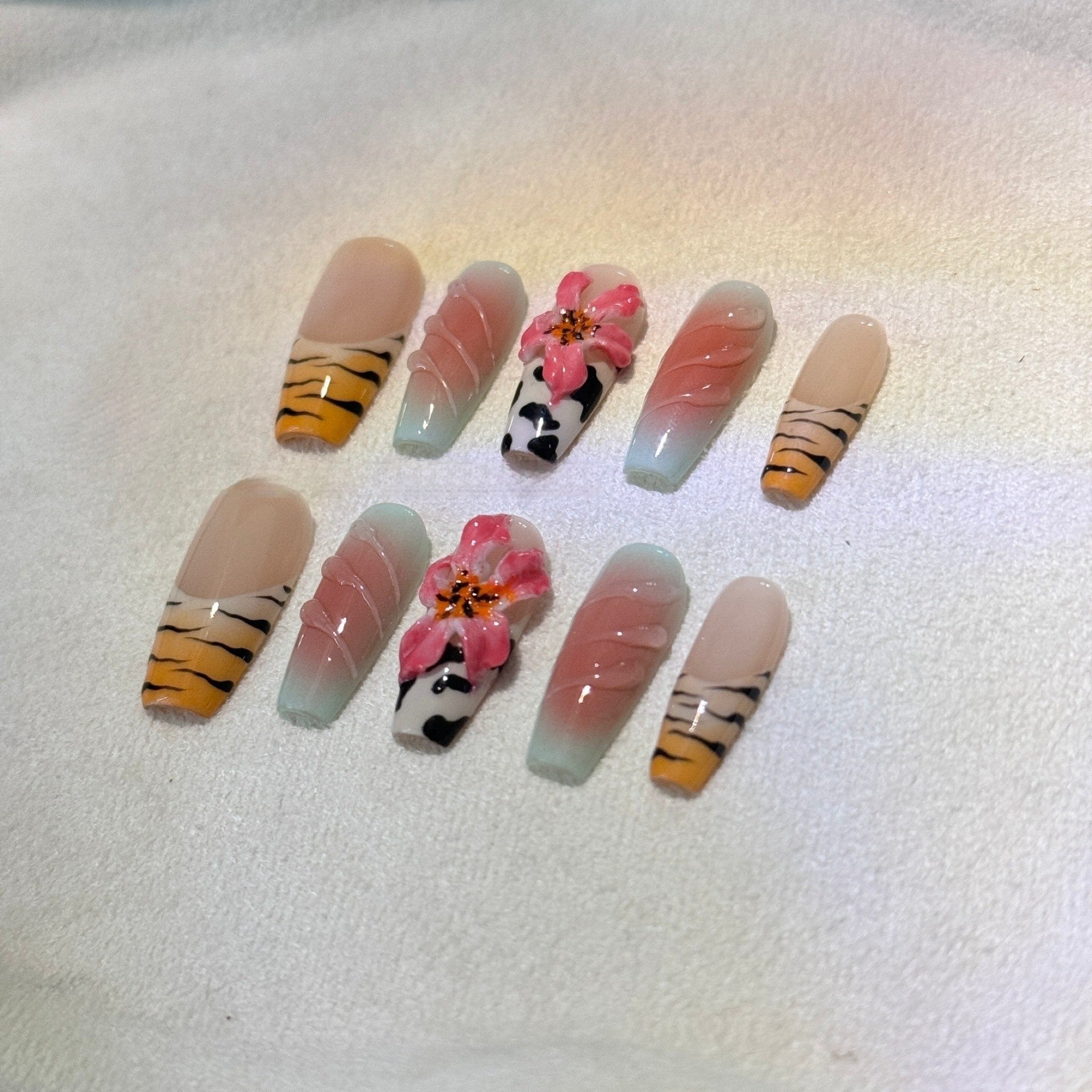 Zebra Pattern Lily Hand Carving Nail Art