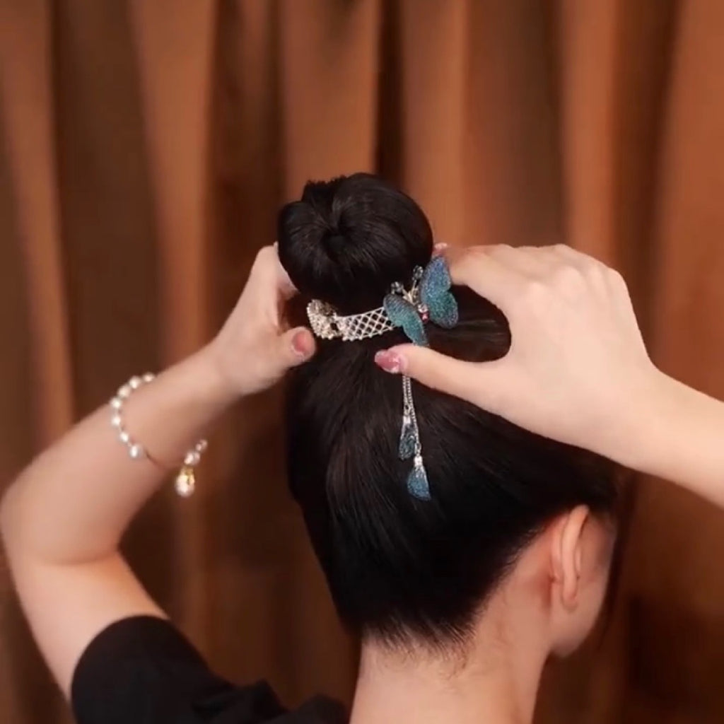Embroidered Butterfly Ponytail Buckle Zircon Tassel Grip Clip