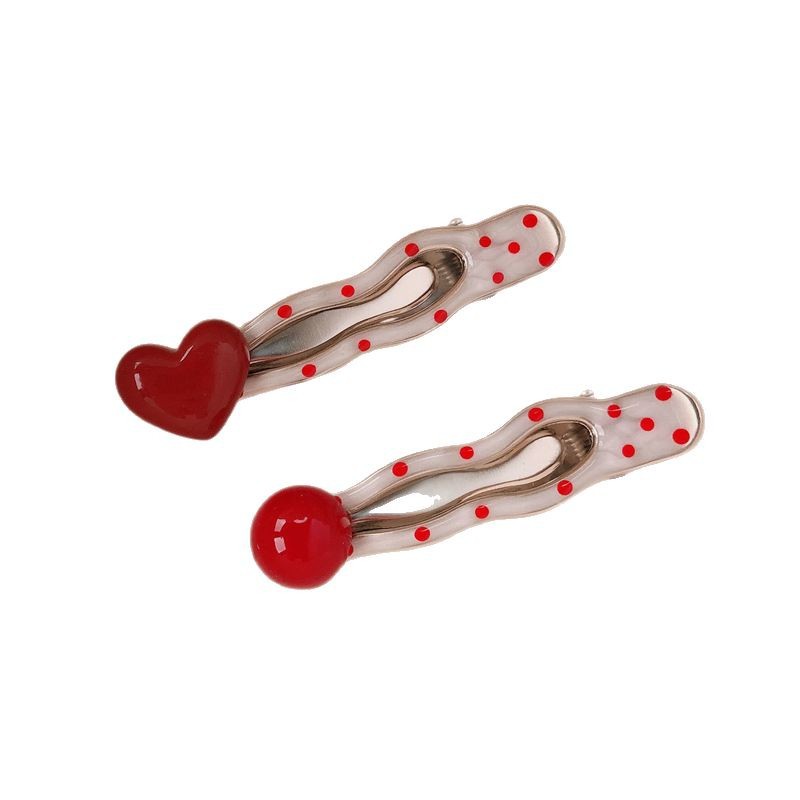 Red Stereo Love Heart-shaped Hairpin French Retro Dots Willow Leaf Clip