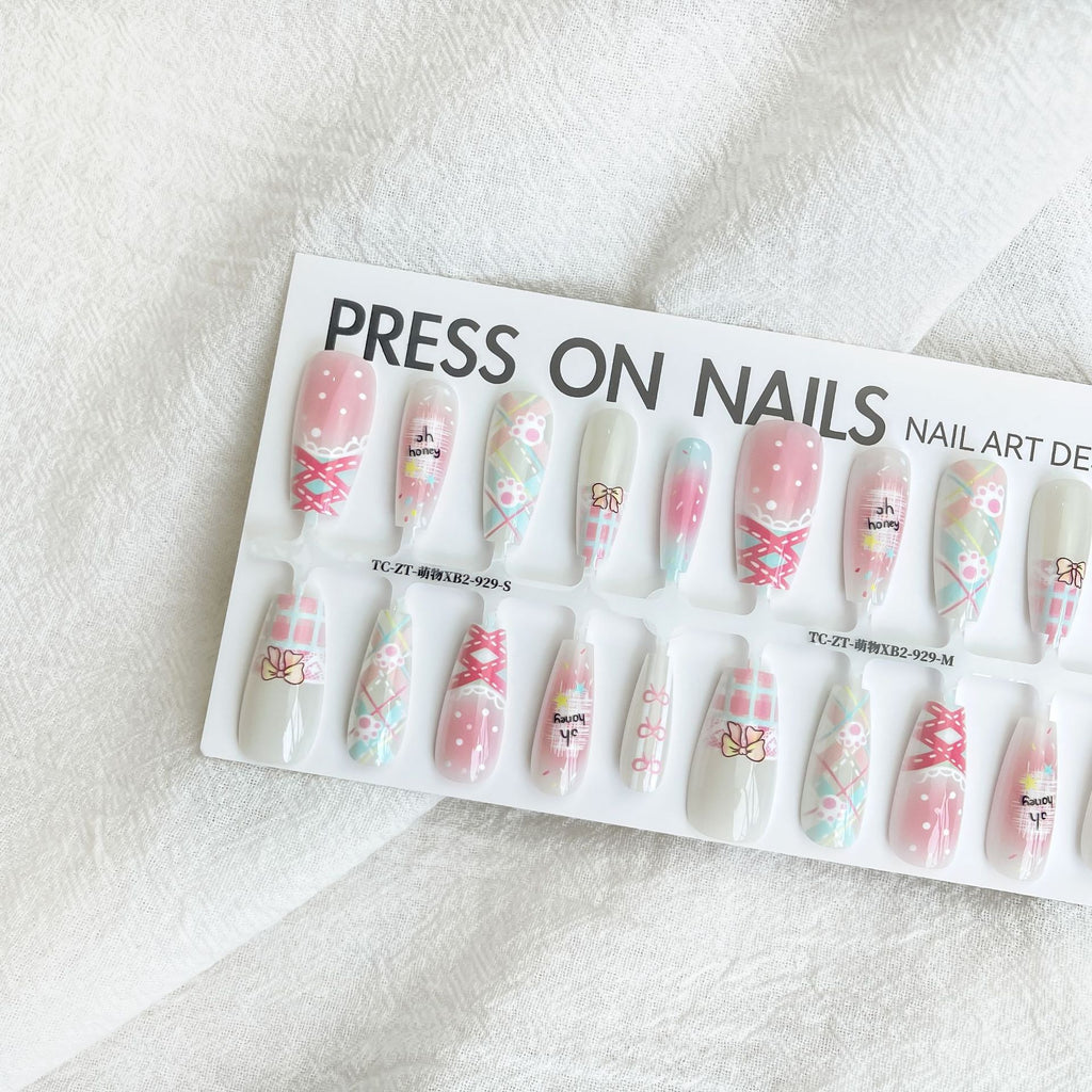 Press On Nails Dopamine Sweet Cool Style Bow French Fake Nail Tip