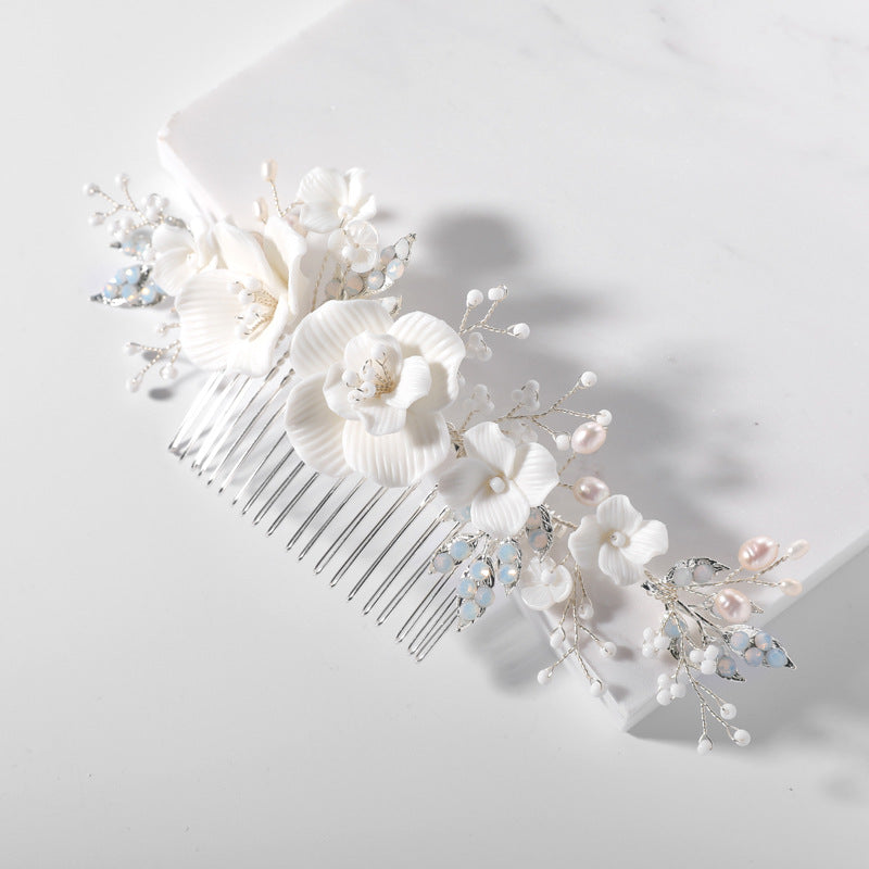 Women's Ceramic Floral Rhinestone Pearl Hair Comb