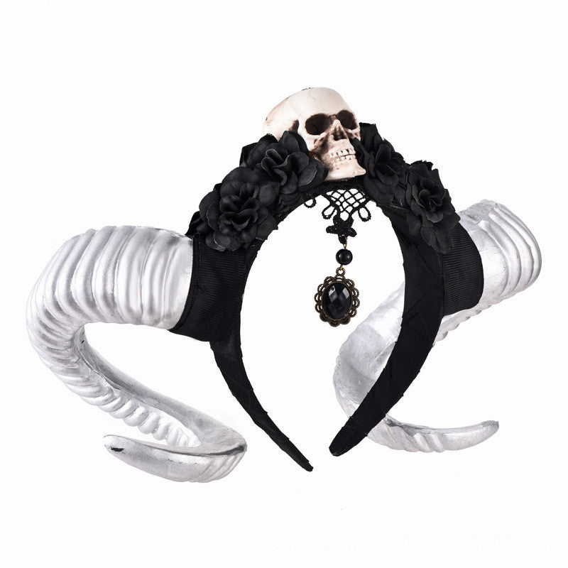 Sheep Horn Veil Skull Black Flower Headband