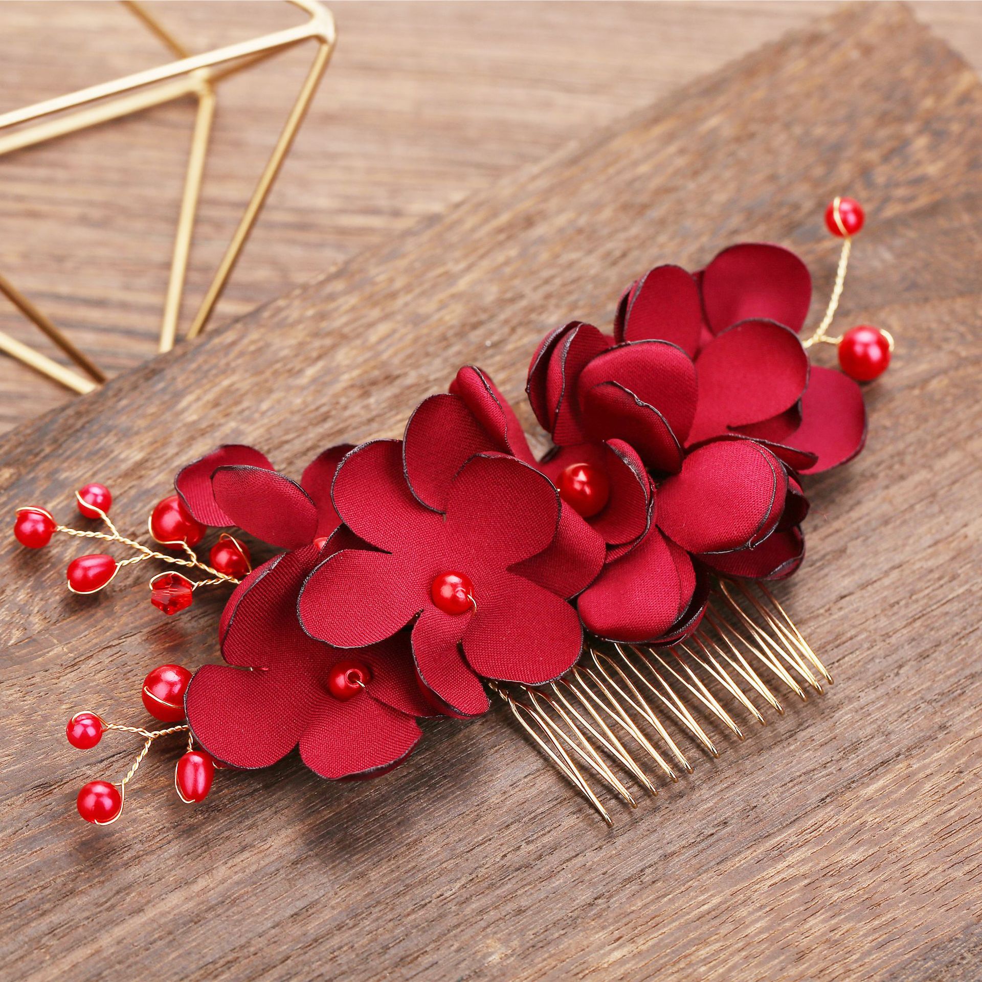 Bride Flower Fabric Pearl Hair Comb Accessories