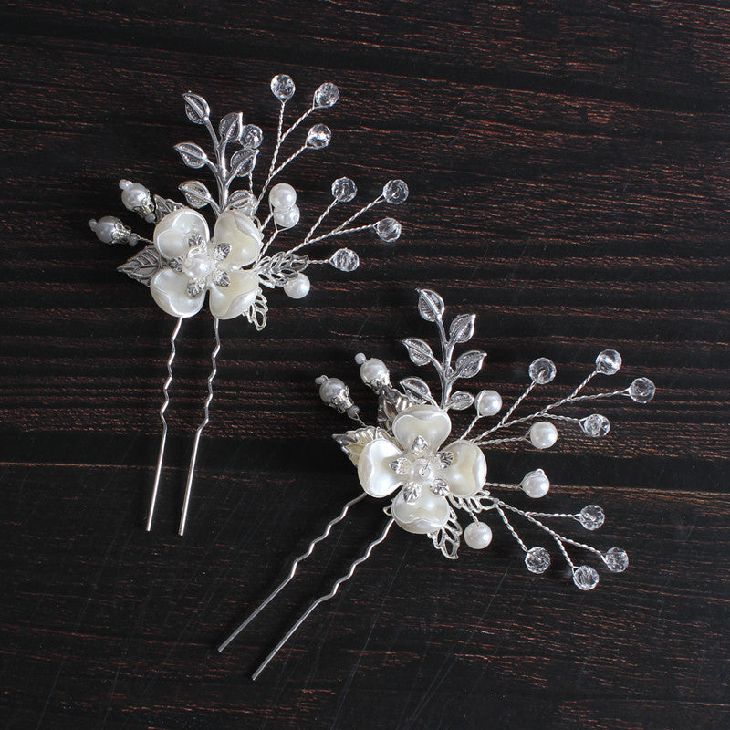Korean Style Bridal Headdress Pearl Flower Leaf Fork