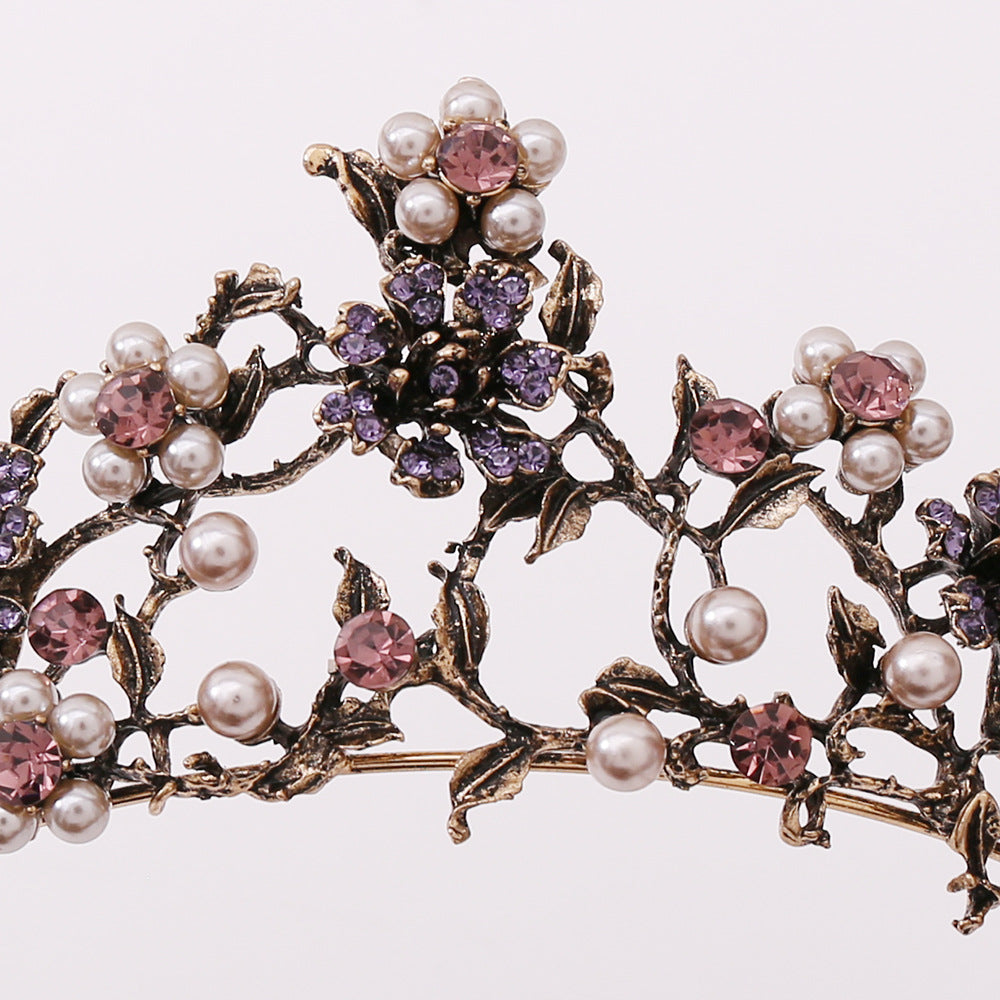 Floral Paved Black Diamond Pearl Baroque Bridal Tiara