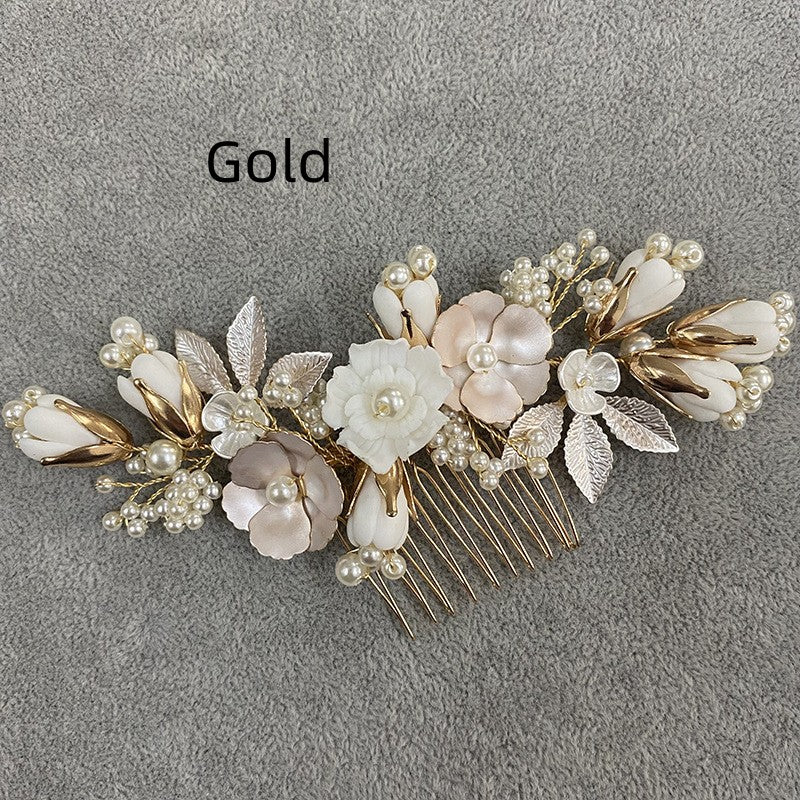 Gold Imitation Pearl Pastoral Ceramic Flower Headwear Hair Comb